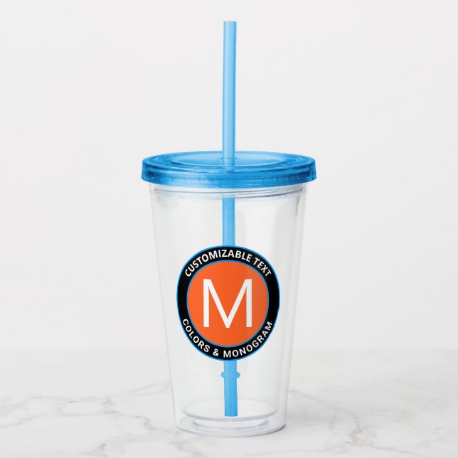 Bold Monogram & Text | Black White Orange & Blue Acrylic Tumbler (Front)