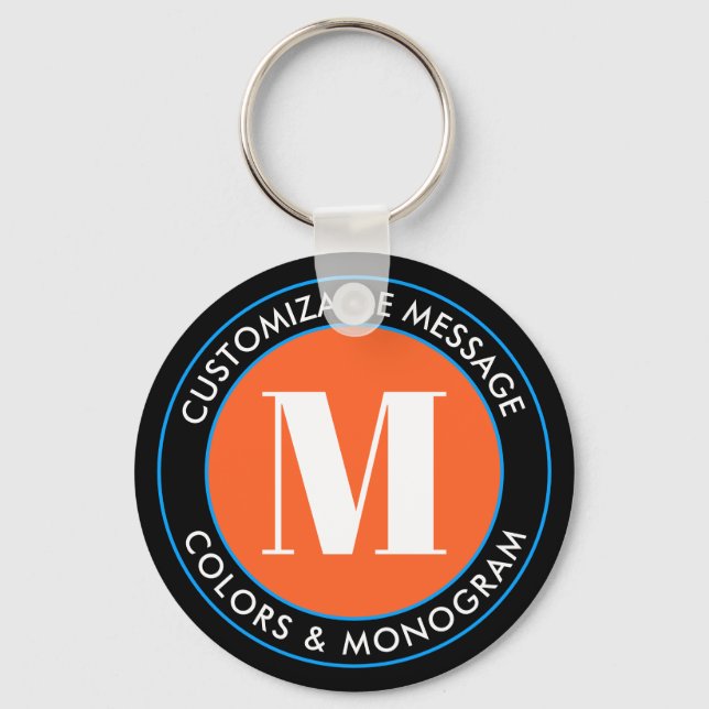 Bold Monogram & Text | Black White Orange & Blue Keychain (Front)