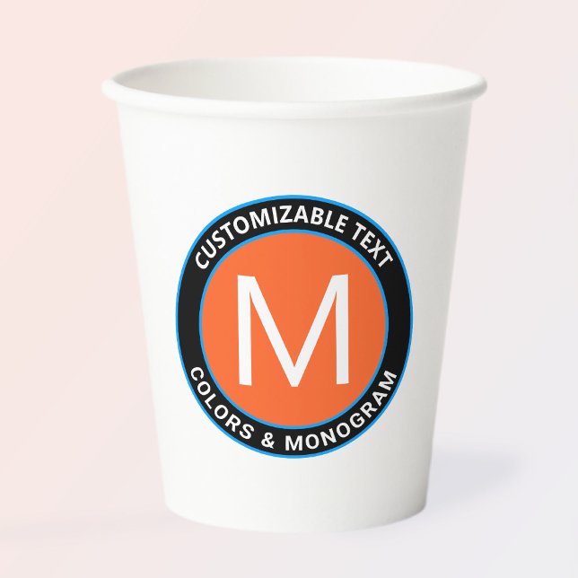 Bold Monogram & Text | Black White Orange & Blue Paper Cups (Creator Uploaded)