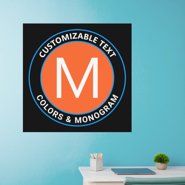 Bold Monogram & Text | Black White Orange & Blue Wall Decal (Home Office)