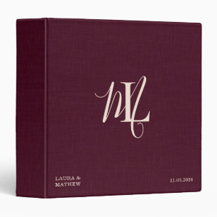 Bold Monogram Wedding Album Wine Red Linen 3 Ring Binder