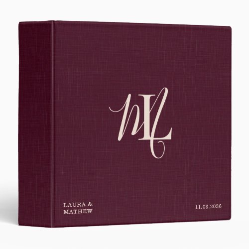 Bold Monogram Wedding Album Wine Red Linen 3 Ring Binder