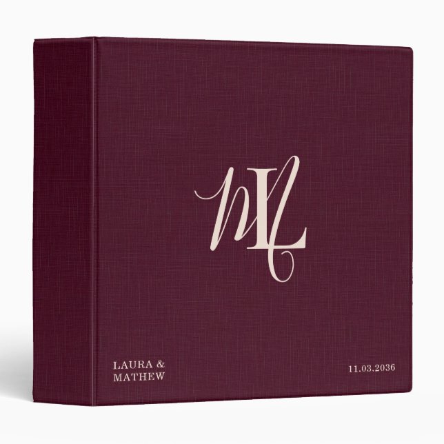 Bold Monogram Wedding Album Wine Red Linen 3 Ring Binder (Front/Spine)