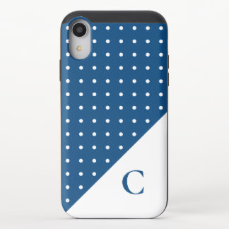 Bold Monogram White on Blue Polka Dot Pattern iPhone XR Slider Case