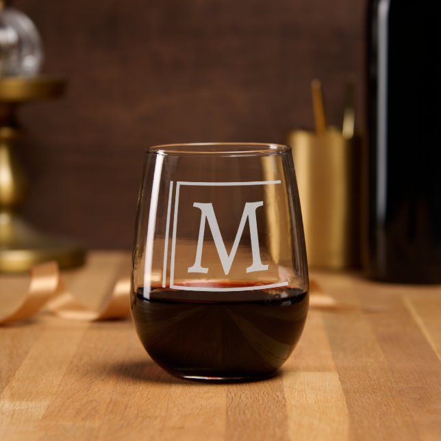 Bold Monogram with Modern Border Stemless Wine Glass (Party)