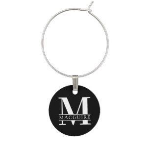 Bold Monogram with Name   Black Wine Charm