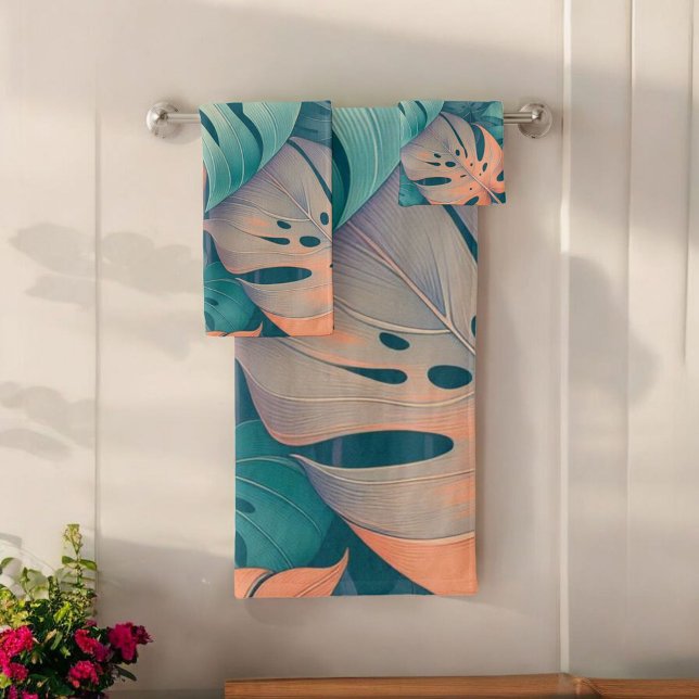 Bold Monstera Pattern Tropical Leaf Summer Spring Bath Towel Set (Creator Uploaded)