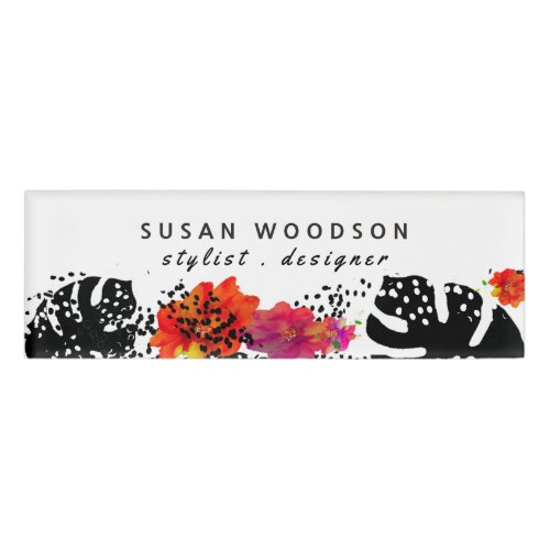 Bold Monsteral Modern Watercolor Floral Name Tag
