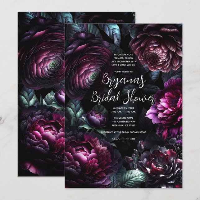 Bold Moody Flowers Black Enchanted Floral Bridal  Invitation (Front/Back)