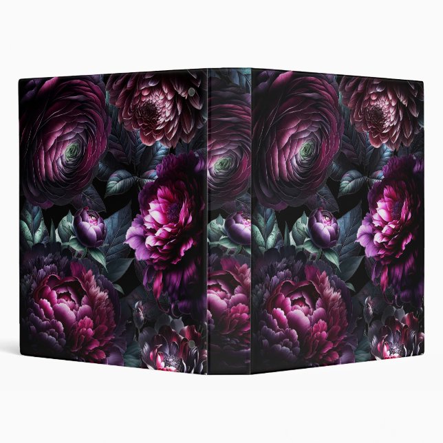 Bold Moody Flowers Black Enchanted Floral Garden 3 Ring Binder (Background)