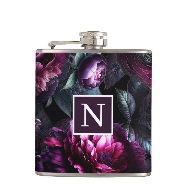 Bold Moody Flowers Black Enchanted Floral Garden Flask (Front)
