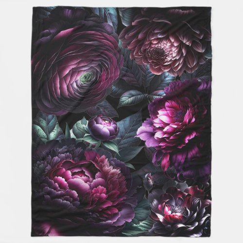 Bold Moody Flowers Black Enchanted Floral Garden Fleece Blanket