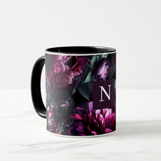Bold Moody Flowers Black Enchanted Floral Garden Mug (Front Left)