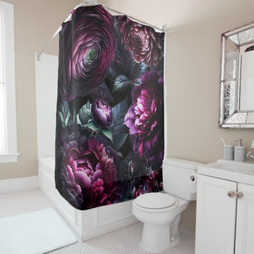 Bold Moody Flowers Black Enchanted Floral Garden Shower Curtain