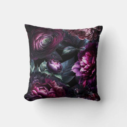 Bold Moody Flowers Black Enchanted Floral Garden Throw Pillow