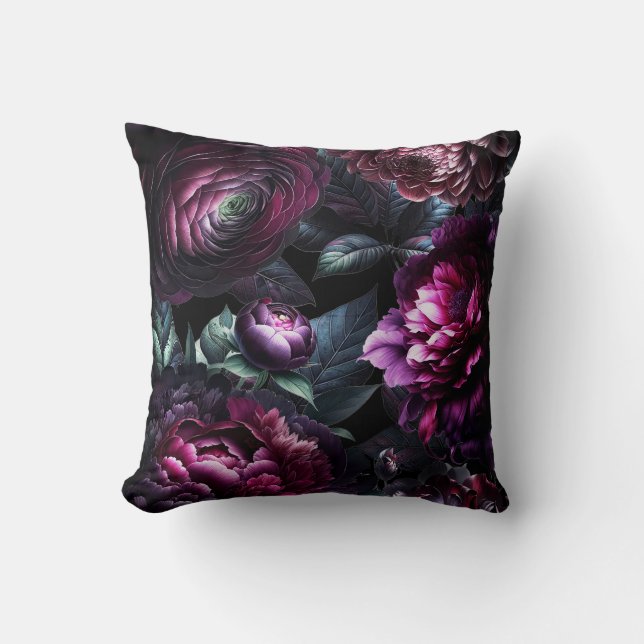 Bold Moody Flowers Black Enchanted Floral Garden Throw Pillow (Front)