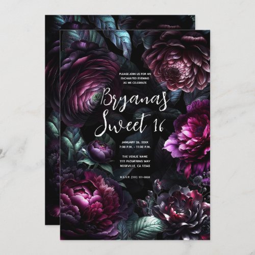 Bold Moody Flowers Black Enchanted Floral Sweet 16 Invitation