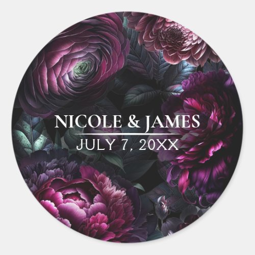 Bold Moody Flowers Black Enchanted Floral Wedding Classic Round Sticker