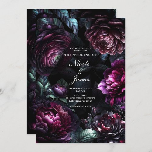 Bold Moody Flowers Black Enchanted Floral Wedding Invitation