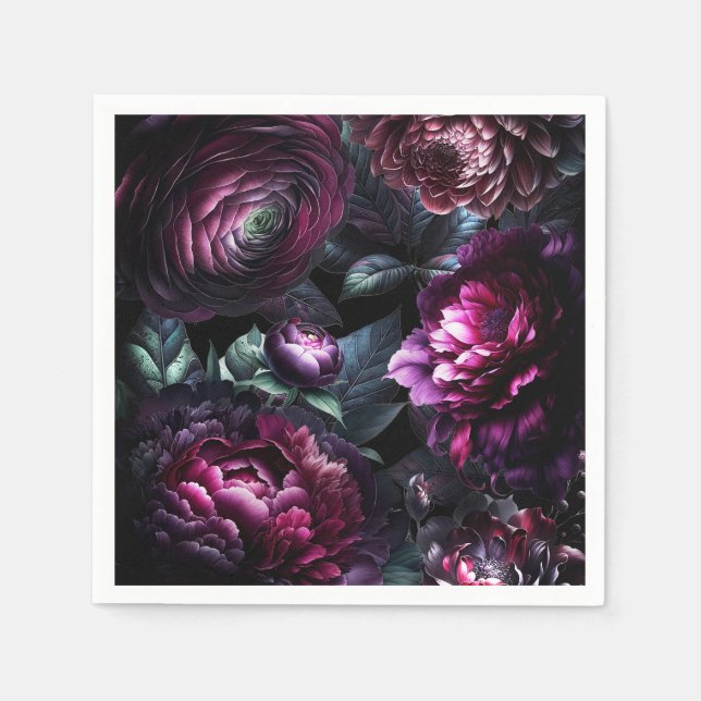Bold Moody Flowers Black Enchanted Floral Wedding Napkins (Front)