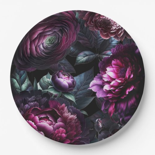 Bold Moody Flowers Black Enchanted Floral Wedding Paper Plates