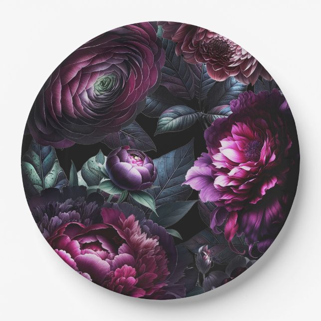 Bold Moody Flowers Black Enchanted Floral Wedding Paper Plates (Front)