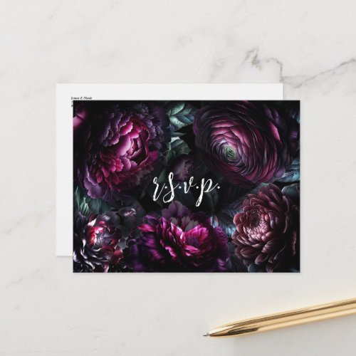 Bold Moody Flowers Enchanted Floral Wedding RSVP Announcement Postcard