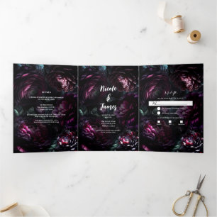 Bold Moody Flowers Enchanted Floral Wedding Tri-Fold Invitation