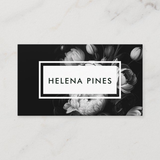 Bold Moody Painterly Flowers Black and White Business Card (Front)