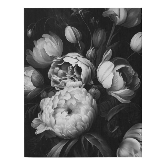 Bold Moody Painterly Flowers Black and White Faux Canvas Print (Front)