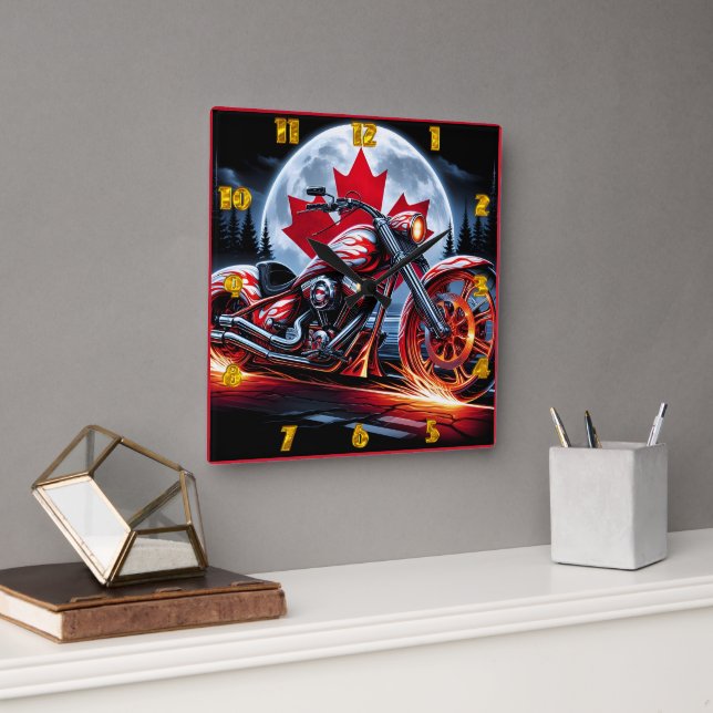 Bold motorcycle riding under a Canadian night sk Square Wall Clock (Office)