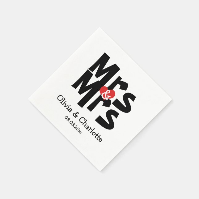 Bold Mrs and Mrs Modern Lesbian Wedding Napkins (Corner)