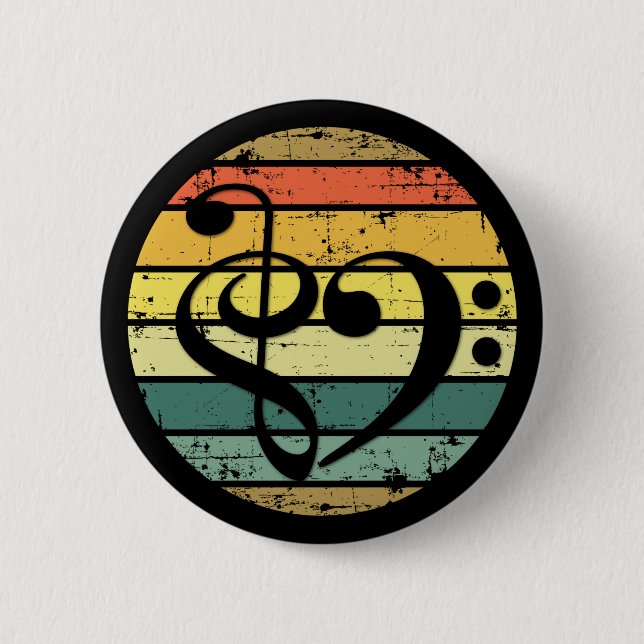 Bold Musical Heart Over Retro Sunset Color Bands Button (Front)