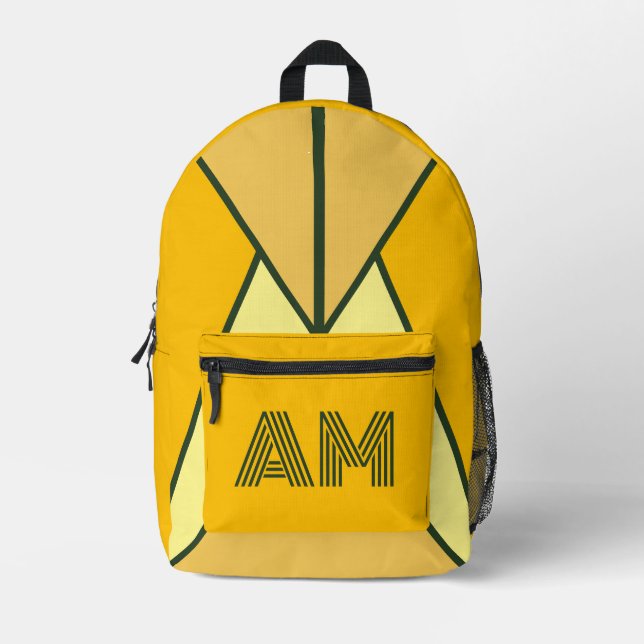 Bold Mustard and Charcoal Geometric Monogram  Printed Backpack (Front)