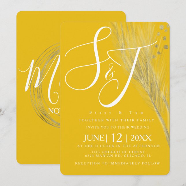 Bold Mustard Yellow Gold Foil Pampas Wedding Suite Invitation (Front/Back)
