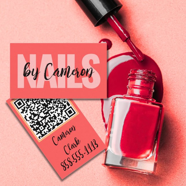 Bold Nail Artist Coral Background Script Name Business Card (Creator Uploaded)