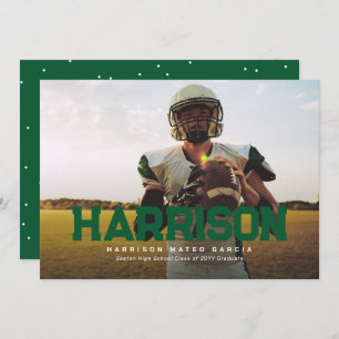 Bold name graduate athlete photo green graduation invitation