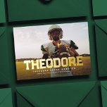 Bold name graduate sporty photo graduation foil invitation<br><div class="desc">Featuring a bold name in foil, this graduation announcement is perfect for a graduating athlete. With a sporty letterman style font, your design can be customized with all the grad's details on the front. The back includes room for two additional photos as well as text that can be used as...</div>