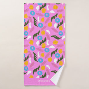 Bold name monogram pink floral abstract pattern bath towel
