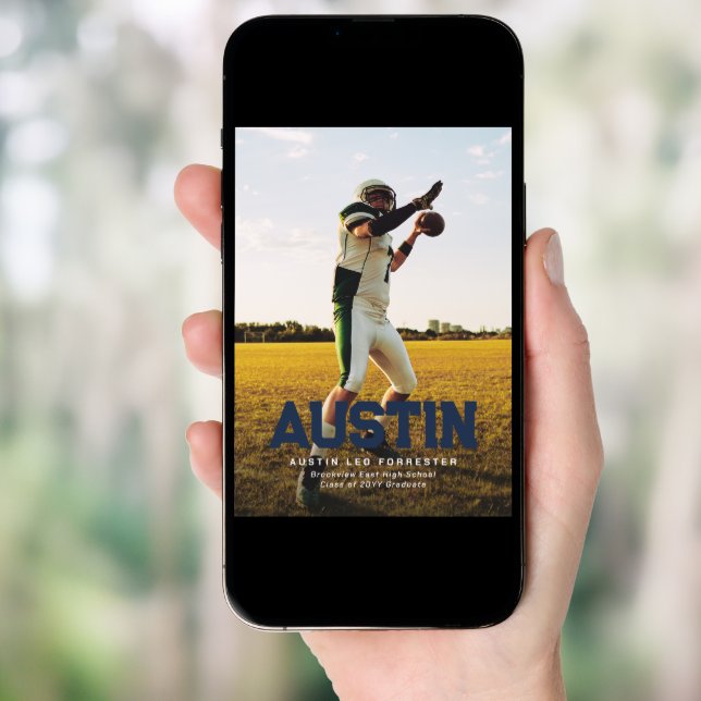 Bold name navy blue graduate photo graduation invitation (Front Digital)