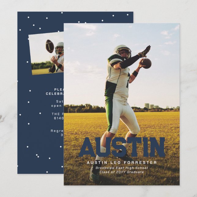 Bold name navy blue graduate photo graduation invitation (Front/Back)