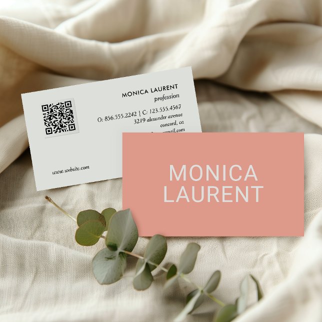 Bold Name QR CODE LOGO SOCIAL ICONS Peach CORAL Business Card (Creator Uploaded)