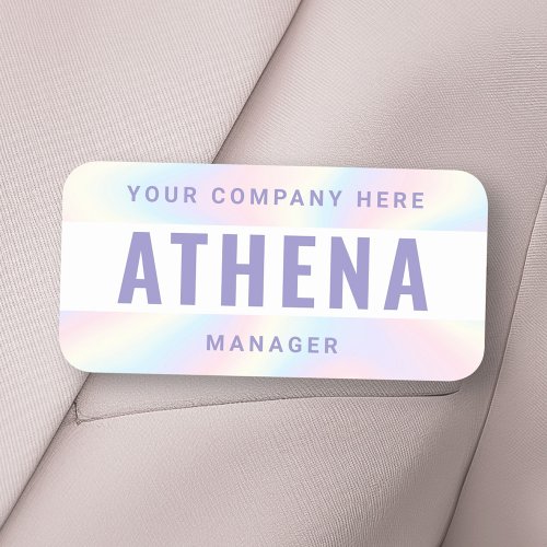 Bold name title and company pastel rainbow purple name tag