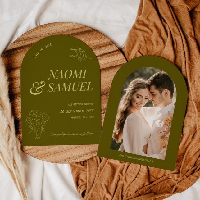 Bold Names Arch Olive Green Wedding Save The Date (Creator Uploaded)