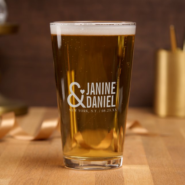 Bold Names & Heart Accent Wedding ID1055 Pint Glass (Party)