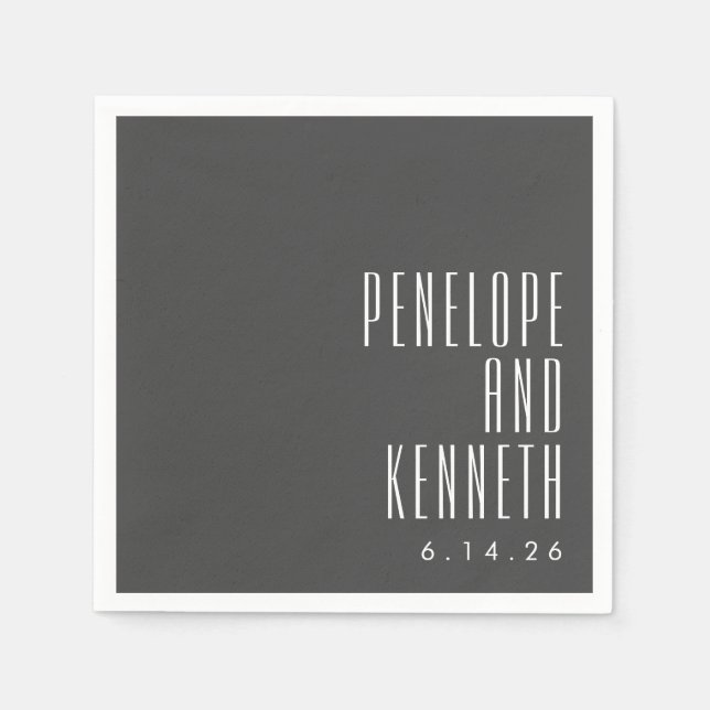 Bold Names Retro Typography Black White Wedding Napkins (Front)