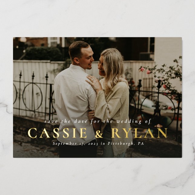 Bold names simple one photo save the date foil invitation (Front)