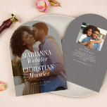 Bold names unique modern type photo save the date<br><div class="desc">This chic and unique save the date design is the perfect way to share your big engagement news with friends and family. This vertical save the date card features a large type treatment with your names and wedding date and place overlaid on your photo. The back is a soft gray...</div>