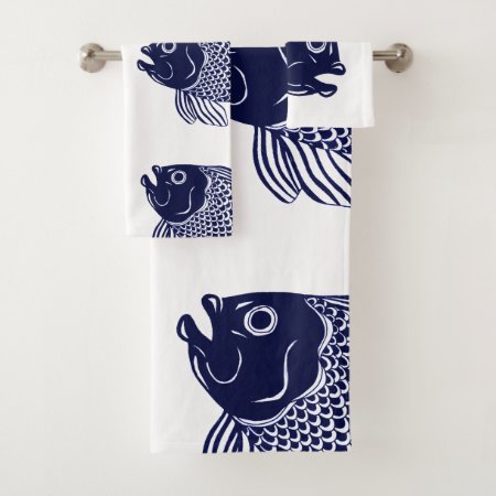 Bold Nautical Navy Blue Fish Heads Bath Towel Set