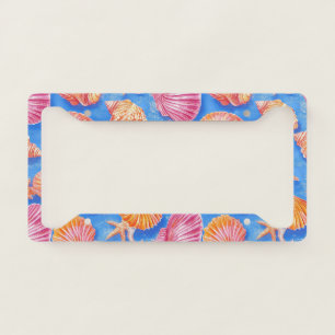 Bold Nautical Shell Starfish Orange Magenta Blue License Plate Frame
